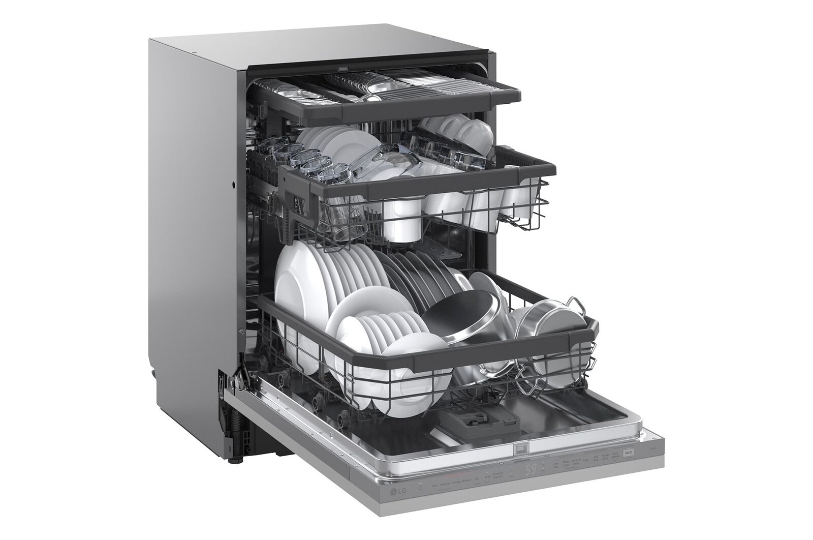 Foto lavastoviglie DB375TXSN aperta con stoviglie